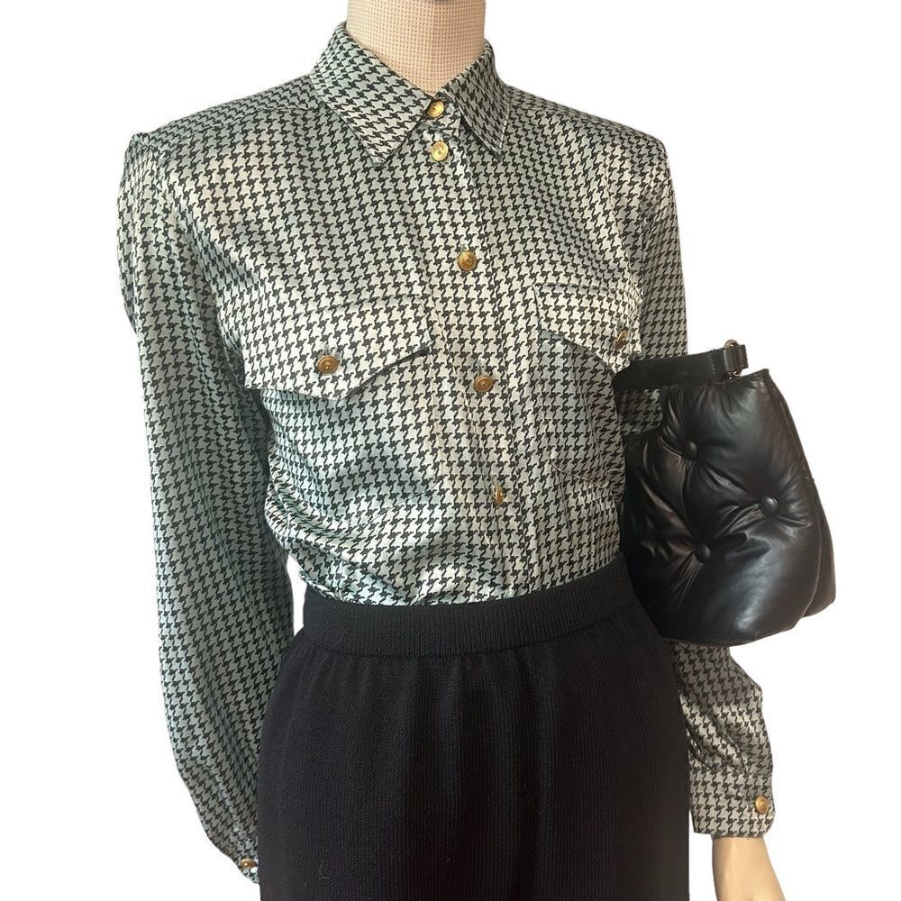 Basler Vintage Light Blue Houndstooth Satin Pajama Style Blouse Button Down Top